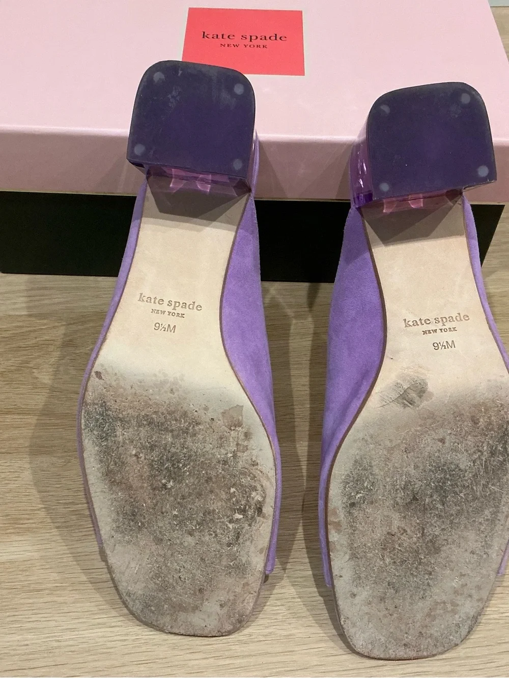 kate spade lilac suede open-toe slingback mules with lucite block heel